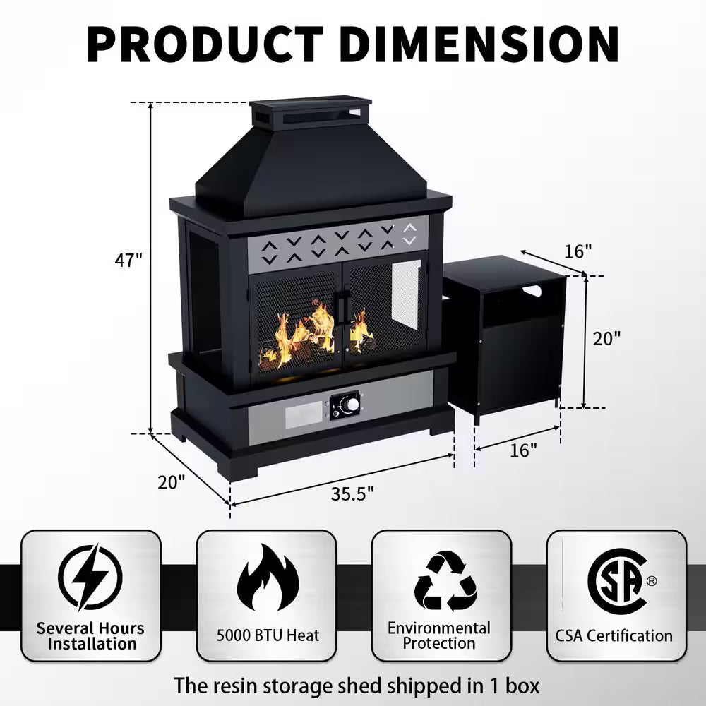 35.5 In. X 47 In. Outdoor Fireplace Steel Patio Propane Fire Pit for Gardens with PVC Waterproof Cover